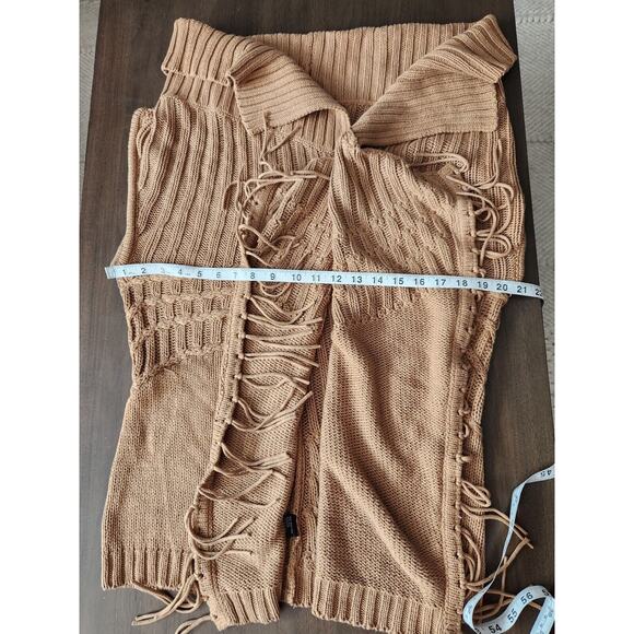 AUGUST SILK WOMEN'S CAMEL SLEEVELESS CARDIGAN SWEATER VEST WITH FRINGE SIZE L - Picture 7 of 9